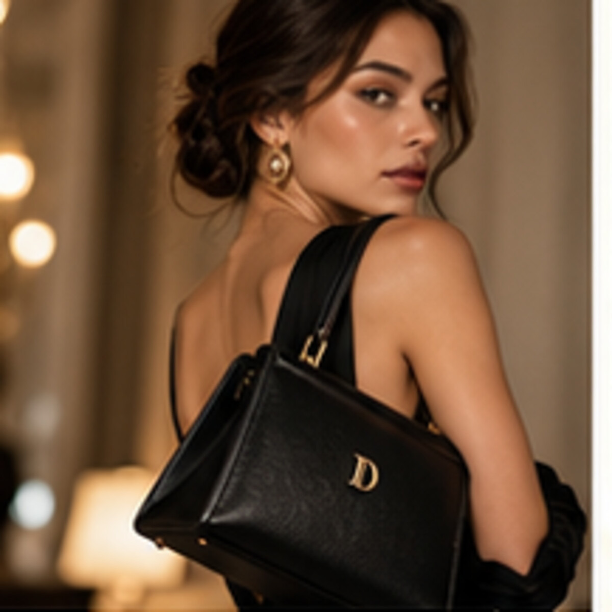 Black DEMETER purse carried with eveningwear