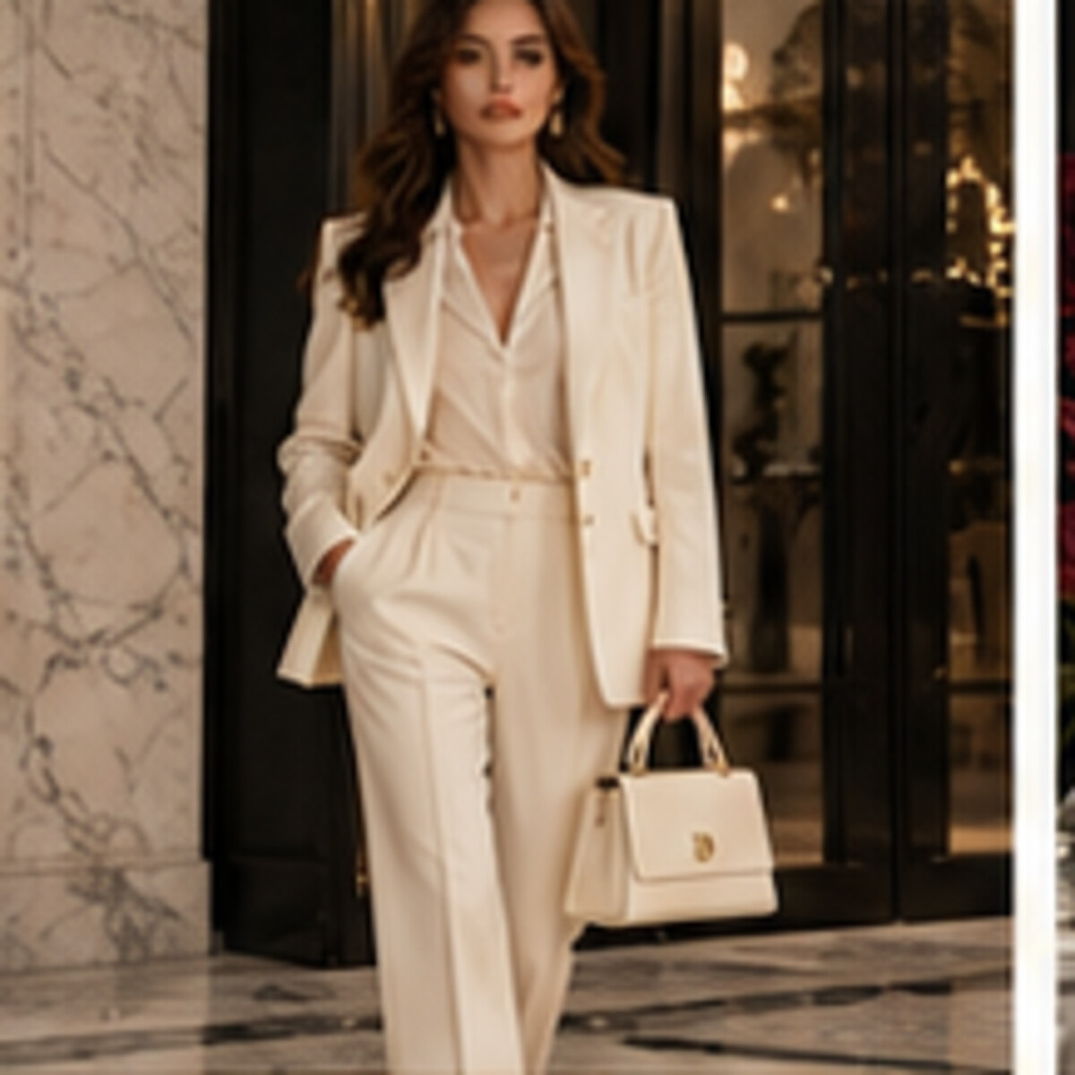 Ivory tailoring and structured handbag