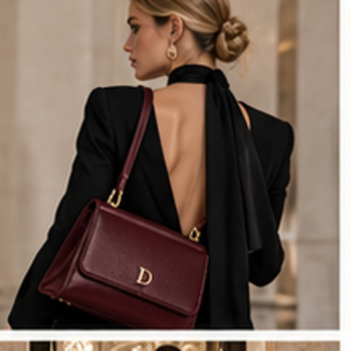 Black dress with oxblood shoulder bag