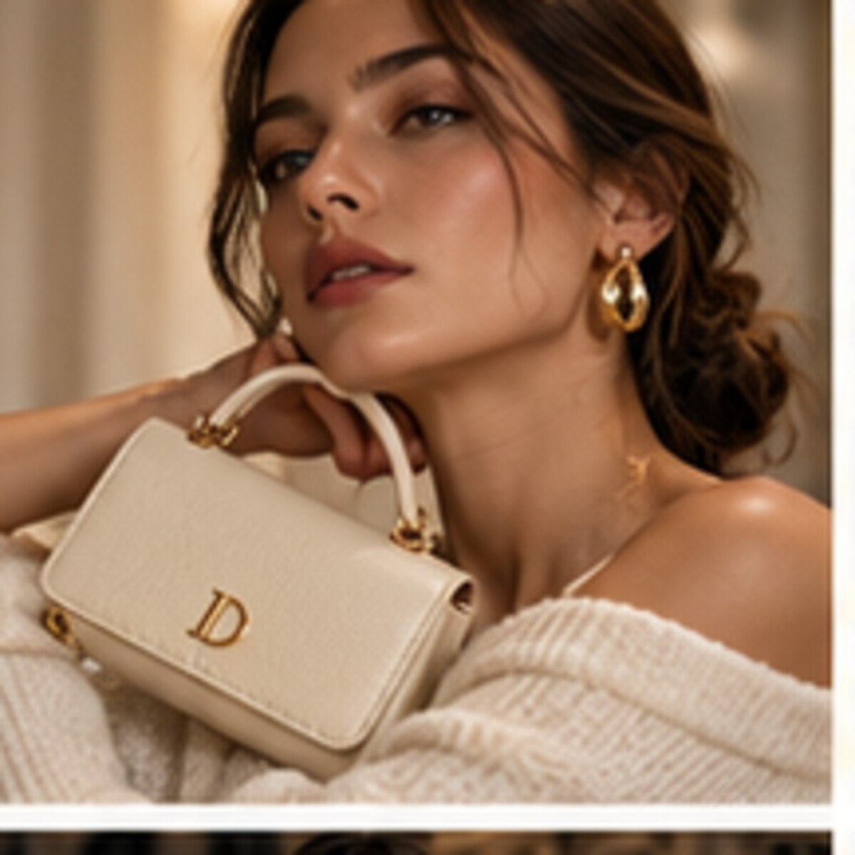 Ivory DEMETER purse styled with soft knitwear
