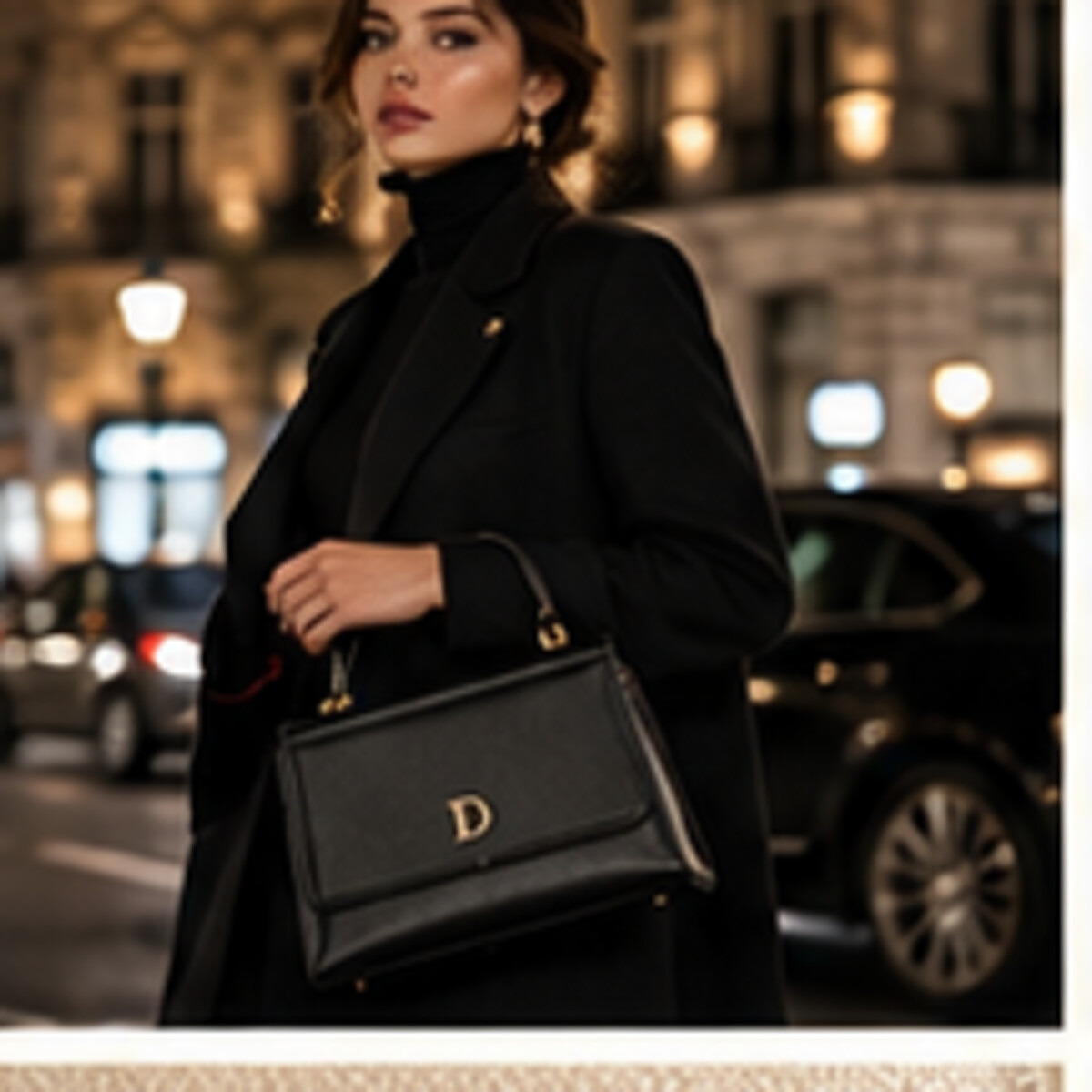 Black coat styled with a DEMETER handbag at night