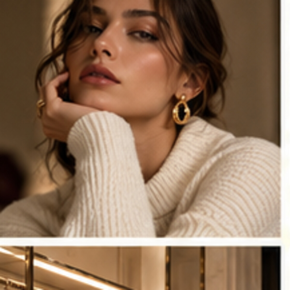 Ivory knit and gold earrings portrait