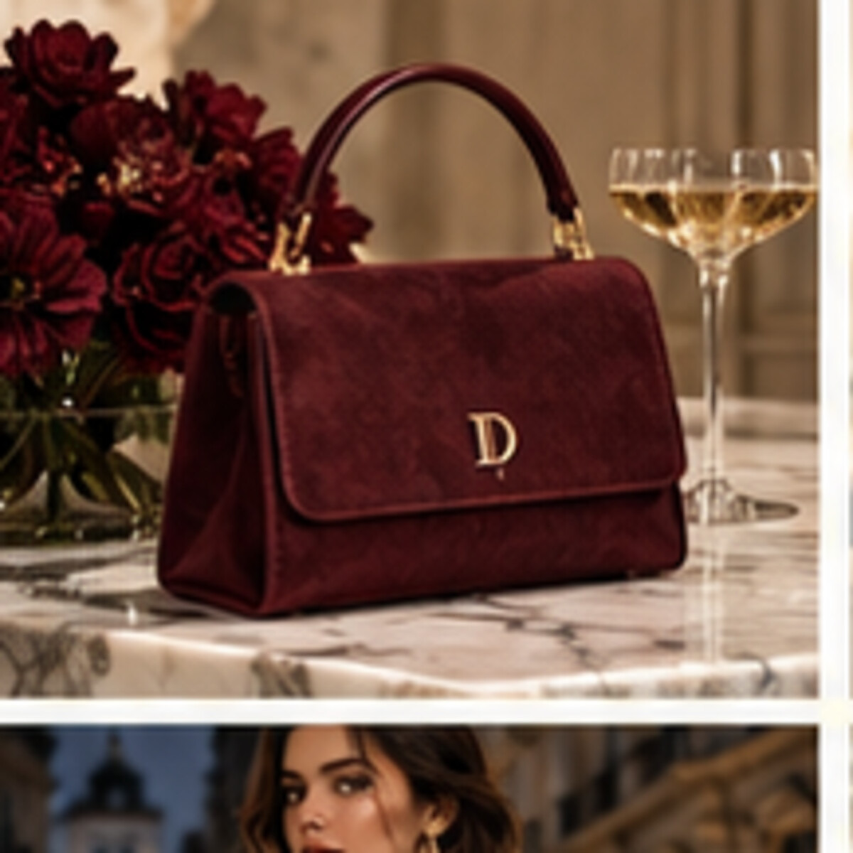 Oxblood DEMETER handbag beside evening flowers