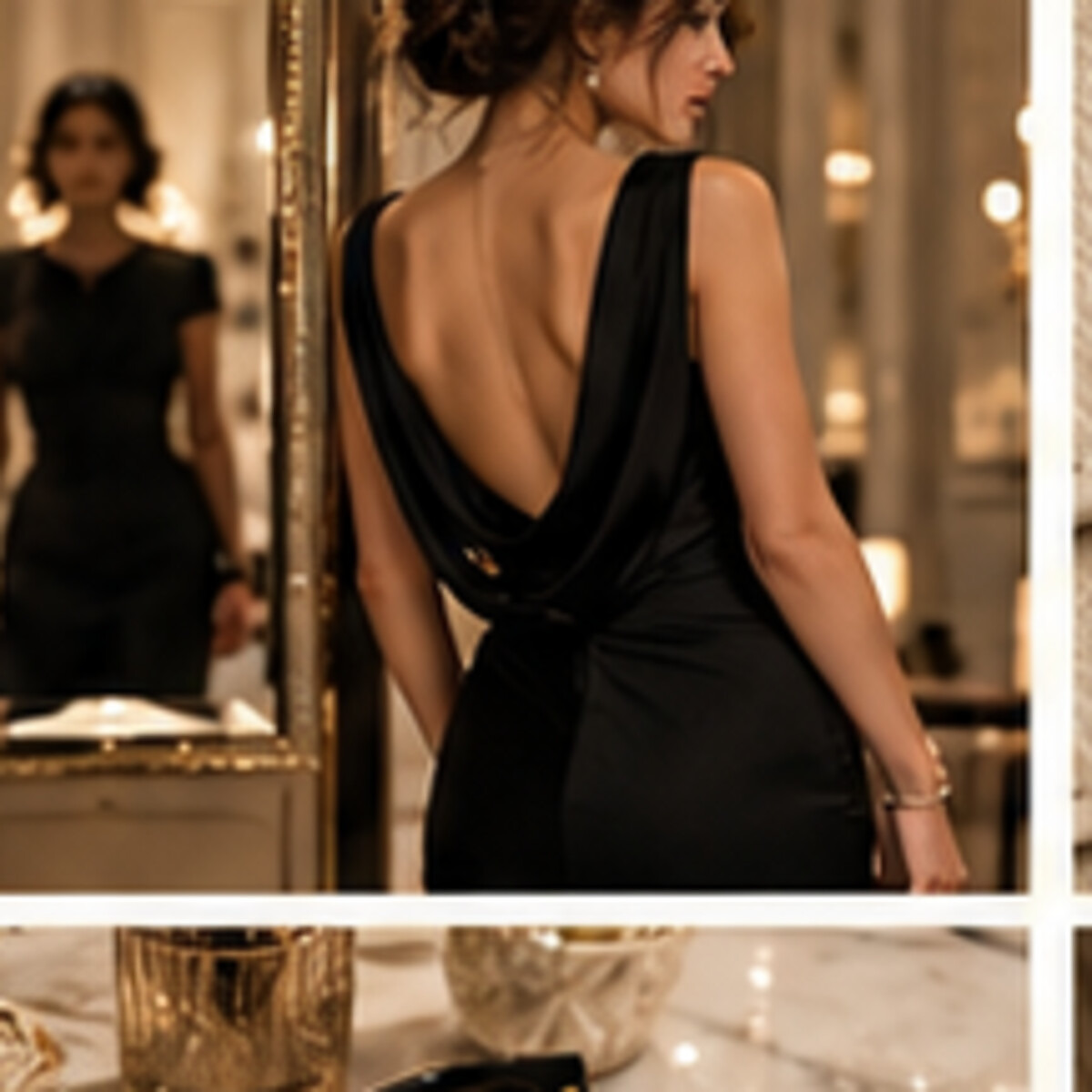 Black draped dress in atelier mirror