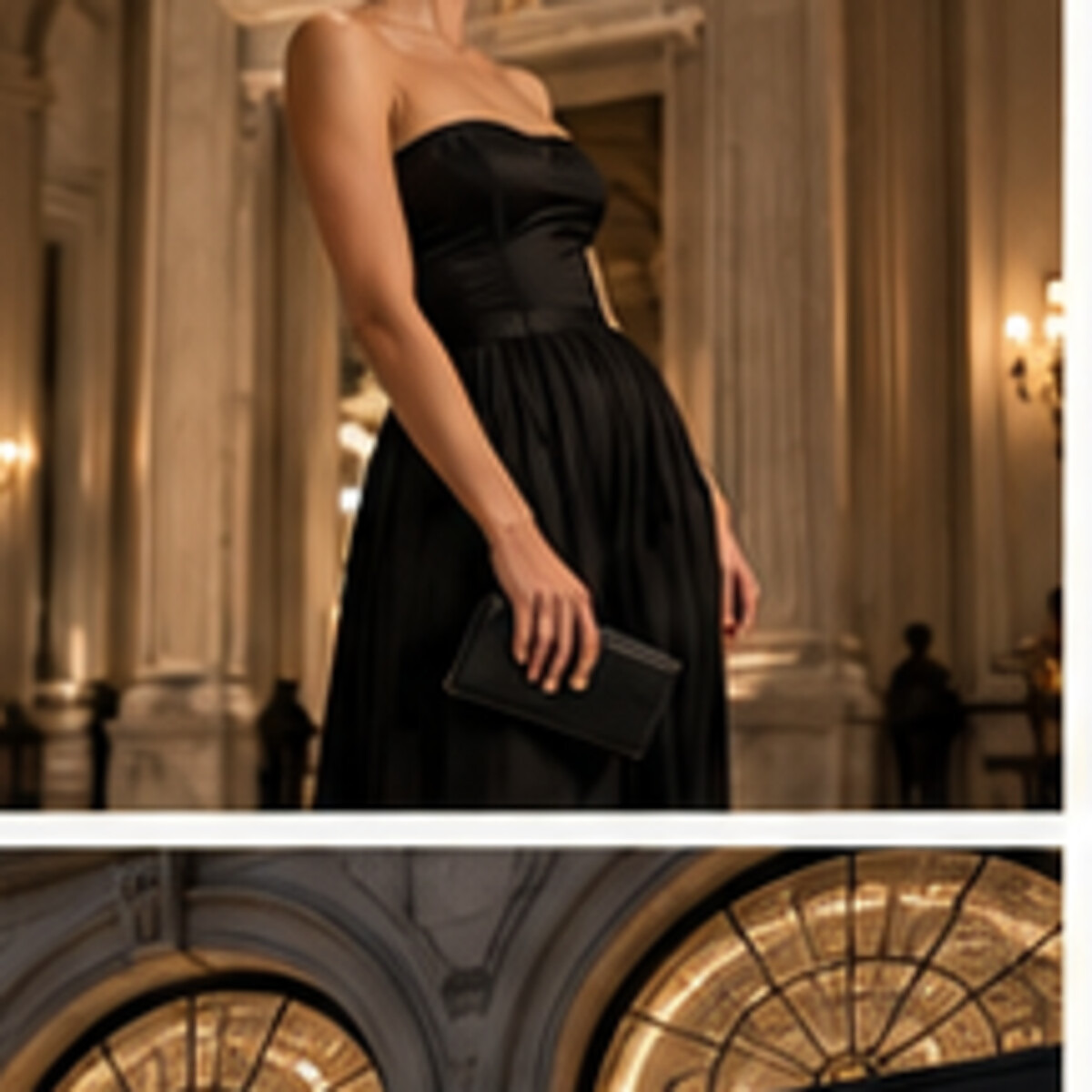 Black cocktail dress in a grand interior