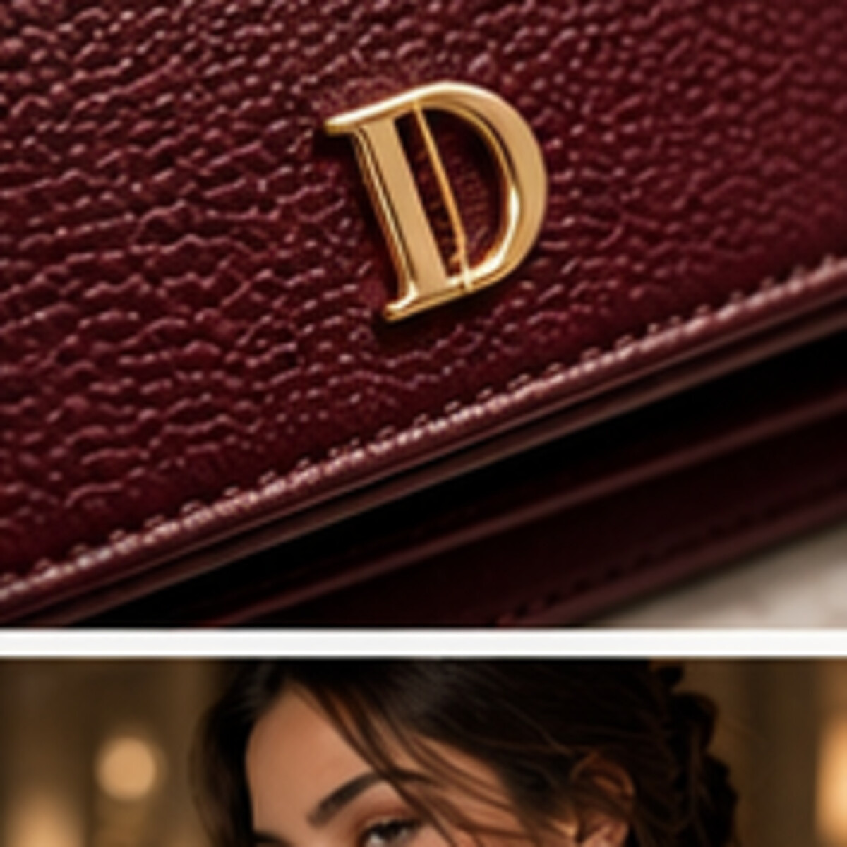 Oxblood leather texture with gold DEMETER mark