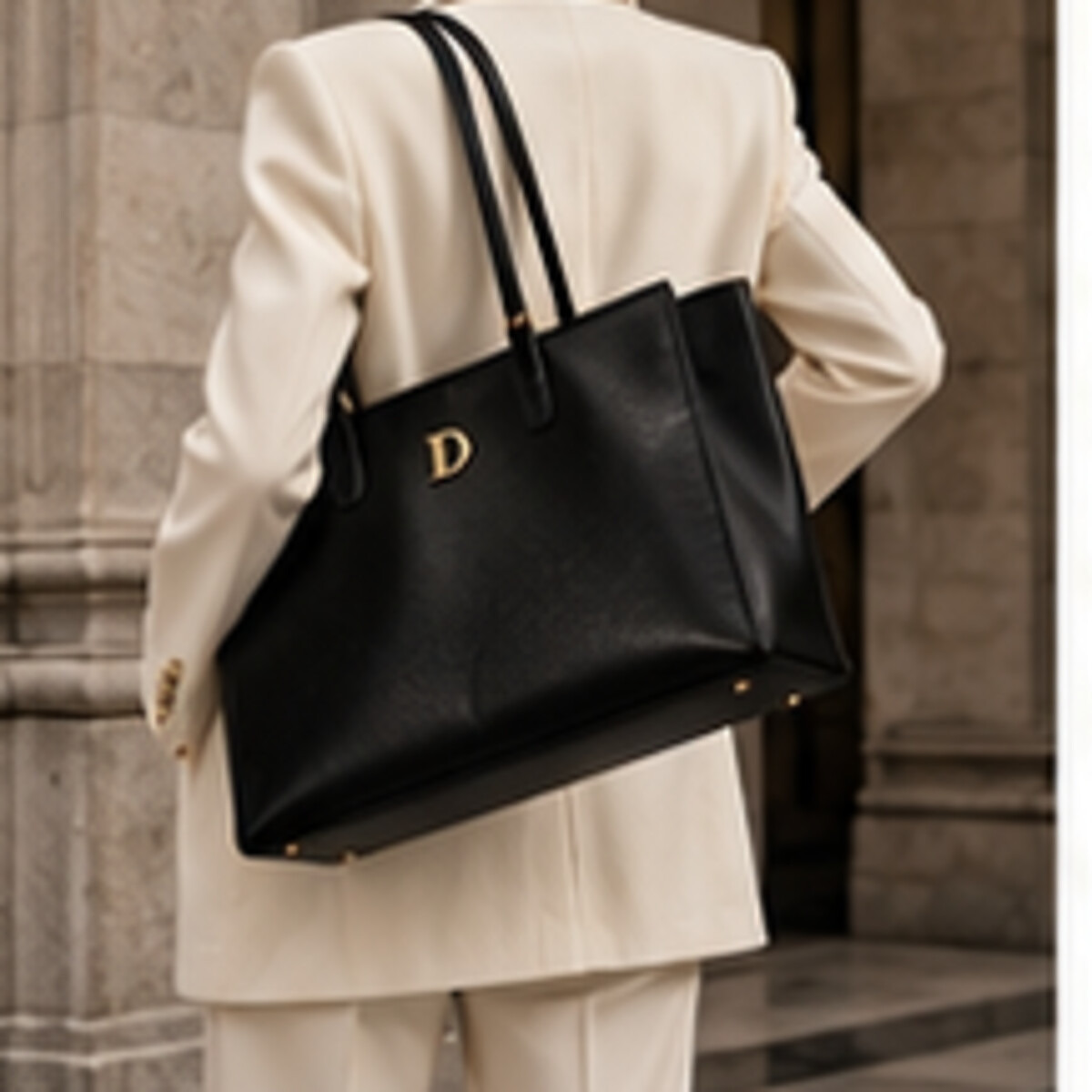 Ivory suit styled with a black DEMETER tote