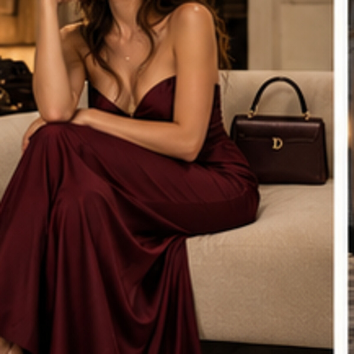 Oxblood evening dress with matching DEMETER handbag