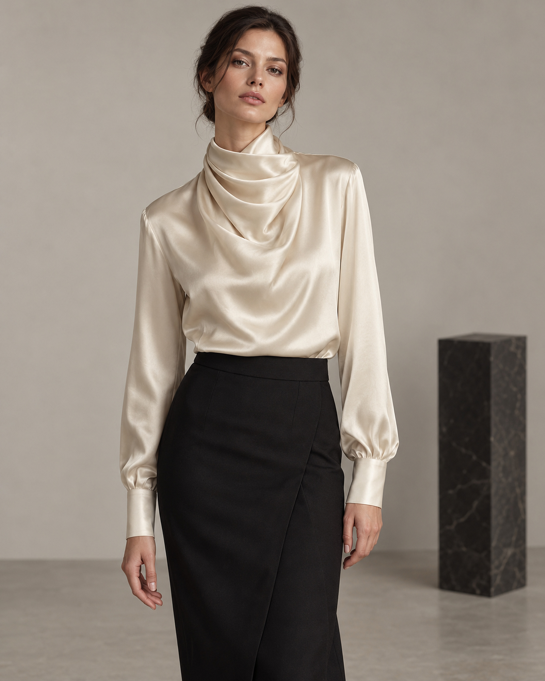 Model wearing the champagne ivory Aster silk blouse